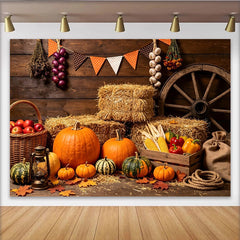 Lofaris Rustikaler Herbst-Ernte-Hintergrund mit Kürbissen und Strohballen, perfekte Kulisse für Erntedankfest und Herbstdekoration