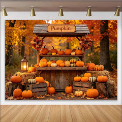 Lofaris Rustikaler Herbst-Kürbisstand Hintergrund mit bunten Herbstblättern, stimmungsvolle Fotokulisse für Erntedankfest