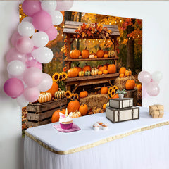Lofaris Rustikaler Herbst Kürbis Hintergrund mit Sonnenblumen und bunten Blättern, ideale Fotowand für Erntedankfest und herbstliche Feiern