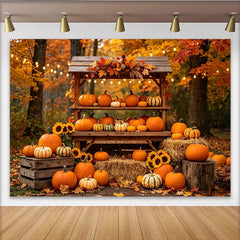 Lofaris Rustikaler Herbst Kürbis Hintergrund mit Sonnenblumen und bunten Blättern, ideale Fotowand für Erntedankfest und herbstliche Feiern