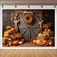 Lofaris Rustikaler Herbsthintergrund mit Kürbissen Heuballen Scheunentor, herbstliche Fotokulisse für Erntedank und Halloween Party