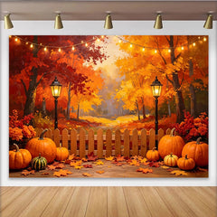Lofaris Herbsthintergrund mit leuchtenden Farben Kürbissen und Lichterkette, gemütliche Fotowand für Erntedankfest Herbstdekoration