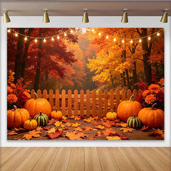 Lofaris Bunter Herbst Ernte Hintergrund mit Kürbissen und Lichterketten, festliche Fotowand für Herbstdekoration und Fotoshooting