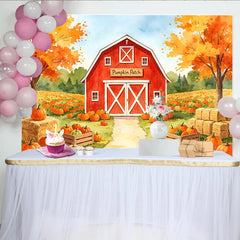 Lofaris Aquarell Herbst-Kürbisfeld-Hintergrund mit roter Scheune und bunten Blättern, Kulisse für Erntedankfest und Herbstfotoshootings
