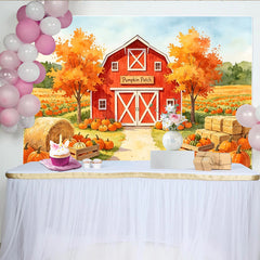 Lofaris Vibranter Herbst-Kürbis-Hintergrund mit roter Scheune und Heuballen, ländliche Aquarell-Kulisse für Erntedankfest und Fotoshooting