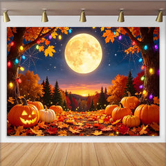 Lofaris Nächtlicher Halloween Hintergrund mit leuchtenden Kürbissen und Vollmond, bunte Lichter Herbstlaub, festliche Fotokulisse für Party
