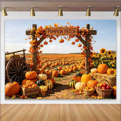 Lofaris Rustikaler Herbst-Kürbisfeld Hintergrund mit Sonnenblumen und Holzbogen, herbstliche Erntedankfest Fotowand für Partydekoration