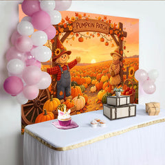 Lofaris Herbstlicher Kürbis-Patch-Hintergrund mit Vogelscheuchen und Sonnenuntergang, farbenfrohe Erntedank-Kulisse für Dekoration und Fotos