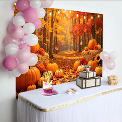 Lofaris Leuchtender Herbst-Kürbis-Hintergrund mit Lichterketten und Heuballen, rustikale Herbstdekoration für Fotoshooting und Erntedankfest