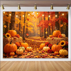 Lofaris Leuchtender Herbst-Kürbis-Hintergrund mit Lichterketten und Heuballen, rustikale Herbstdekoration für Fotoshooting und Erntedankfest