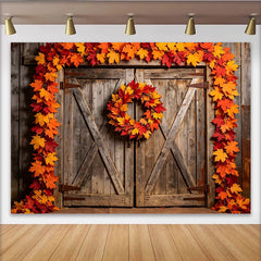 Lofaris Rustikaler Holztür-Herbsthintergrund mit Ahornblättern und Kranz, farbenfrohe Fotokulisse für herbstliche Fotoshootings und Dekoration