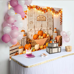 Lofaris Rustikaler Herbsthintergrund mit Kürbissen, Herbstblättern und Lichterkette, charmante Kulisse für Herbstfotoshootings und Dekoration