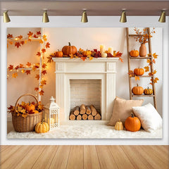 Lofaris Gemütlicher Herbsthintergrund mit Kürbissen, Herbstblättern und Kamin, rustikale Kulisse für herbstliche Fotoshootings und Dekoration