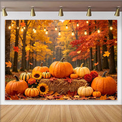 Lofaris Herbstlicher Waldhintergrund mit Kürbissen und Lichterketten, gemütliche Erntedankfestkulisse für Fotoshootings