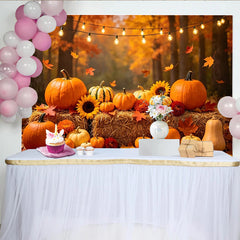 Lofaris Rustikaler Herbst-Kürbis-Fotohintergrund mit Sonnenblumen und Lichterketten, warme Erntefest Kulisse für Fotoshootings und Dekoration