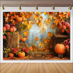 Lofaris Orange Kürbisse Ahornblätter Herbsthintergrund für Erntedankfest, rustikale Wandkulisse mit Heu und bunten Herbstfarben