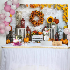 Lofaris Herbstfotohintergrund mit Kürbissen Sonnenblumen und bunten Blättern, gemütliche Kulisse für Fotoshooting und Erntedankfest