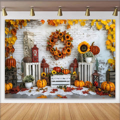 Lofaris Herbstfotohintergrund mit Kürbissen Sonnenblumen und bunten Blättern, gemütliche Kulisse für Fotoshooting und Erntedankfest