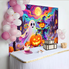 Lofaris Farbenfroher Halloween Hintergrund mit Geist und leuchtenden Kürbissen, magische Partydekoration für gruselige Feiern und Fotos
