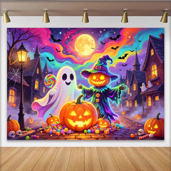 Lofaris Farbenfroher Halloween Hintergrund mit Geist und leuchtenden Kürbissen, magische Partydekoration für gruselige Feiern und Fotos