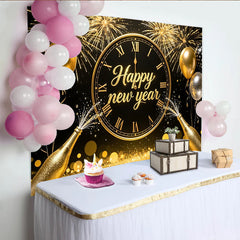 Lofaris Schwarz Gold Happy New Year Neujahrs-Hintergrund mit Feuerwerk und Uhr, glitzernde Silvesterparty Fotowand für festliche Dekoration