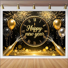 Lofaris Schwarz Gold Happy New Year Neujahrs-Hintergrund mit Feuerwerk und Uhr, glitzernde Silvesterparty Fotowand für festliche Dekoration