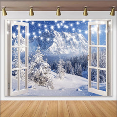 Lofaris Verschneites Fenster Hintergrund mit Lichterketten für Weihnachten, winterliche Fotowand für festliche Dekoration und Fotoshooting