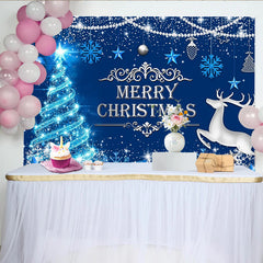 Lofaris Blauer funkelnder Weihnachts-Hintergrund mit Rentier und Geschenken, festliche Fotokulisse für Winterparty und Fotoshooting