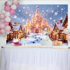 Lofaris Rosa Märchenschloss Weihnachts-Winterwunderland-Hintergrund mit Schneeflocken, festliche Kulisse für Fotoshooting und Partydekoration