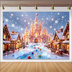 Lofaris Rosa Märchenschloss Weihnachts-Winterwunderland-Hintergrund mit Schneeflocken, festliche Kulisse für Fotoshooting und Partydekoration