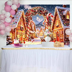 Lofaris Winterlicher Weihnachtshintergrund mit Lebkuchenhäusern und Zuckerstangen, festliche Fotokulisse für Winterwunderland