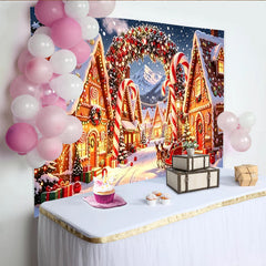 Lofaris Winterlicher Weihnachtshintergrund mit Lebkuchenhäusern und Zuckerstangen, festliche Fotokulisse für Winterwunderland