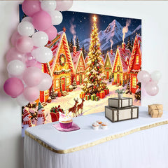 Lofaris Schneebedecktes Weihnachtsdorf Hintergrund mit Lebkuchenhäusern und Tannenbäumen, festliche Winterlandschaft Fotokulisse für Dekoration