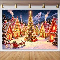 Lofaris Schneebedecktes Weihnachtsdorf Hintergrund mit Lebkuchenhäusern und Tannenbäumen, festliche Winterlandschaft Fotokulisse für Dekoration