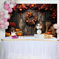 Lofaris Rustikaler Halloween-Hintergrund mit Kürbissen Spinnen und Herbstlaub, gruselige Herbstdeko Fotowand für Party und Fotoshooting