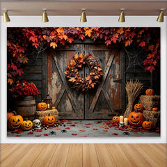 Lofaris Rustikaler Halloween-Hintergrund mit Kürbissen Spinnen und Herbstlaub, gruselige Herbstdeko Fotowand für Party und Fotoshooting
