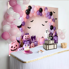 Lofaris Rosa Lila Halloweenhintergrund mit Luftballons und Kürbissen, süße Fotowand für Kinderparty und Fotoshooting