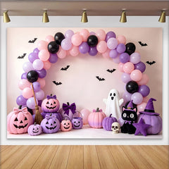 Lofaris Rosa Lila Halloweenhintergrund mit Luftballons und Kürbissen, süße Fotowand für Kinderparty und Fotoshooting