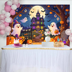 Lofaris Niedlicher Halloween Hintergrund mit Geistern Kürbissen und Spukhaus, gruselige Kulisse für Halloweenparty Fotobox Dekoration