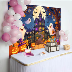 Lofaris Niedlicher Halloween Hintergrund mit Geistern Kürbissen und Spukhaus, gruselige Kulisse für Halloweenparty Fotobox Dekoration