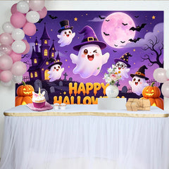 Lofaris Niedlicher Halloween Hintergrund mit Geistern Hexenhüten und Kürbissen, lila Fotowand für gruselige Partydekoration und Fotoshooting