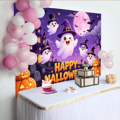 Lofaris Niedlicher Halloween Hintergrund mit Geistern Hexenhüten und Kürbissen, lila Fotowand für gruselige Partydekoration und Fotoshooting