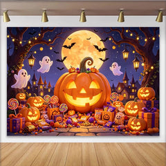 Lofaris Gruseliger Halloween-Hintergrund mit leuchtendem Kürbis Geistern und Fledermäusen, festliche Kulisse für Süßigkeiten-Party
