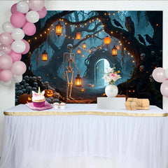 Lofaris Gruseliger Halloween Hintergrund mit Skelett Kürbissen und Totenköpfen, düstere Kulisse für Partydekoration und Fotoshooting
