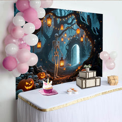 Lofaris Gruseliger Halloween Hintergrund mit Skelett Kürbissen und Totenköpfen, düstere Kulisse für Partydekoration und Fotoshooting