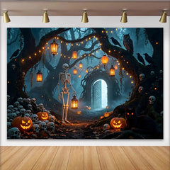 Lofaris Gruseliger Halloween Hintergrund mit Skelett Kürbissen und Totenköpfen, düstere Kulisse für Partydekoration und Fotoshooting