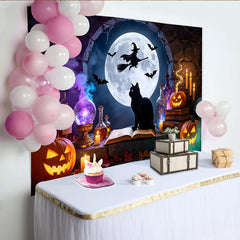 Lofaris Mystischer Halloween Hintergrund mit Vollmond Hexe Fledermäusen und Kürbissen, gruselige Kulisse für Halloween Partys und Fotoshootings