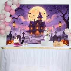 Lofaris Spooky Halloween-Hintergrund mit Spukhaus und Vollmond für Party, neblige Friedhofs-Kulisse mit Fledermäusen für Fotostudio