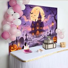 Lofaris Spooky Halloween-Hintergrund mit Spukhaus und Vollmond für Party, neblige Friedhofs-Kulisse mit Fledermäusen für Fotostudio