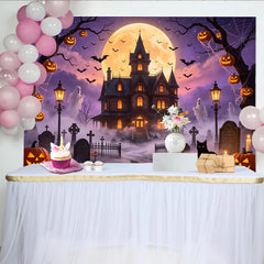 Lofaris Mystischer Halloween Spukhaus Hintergrund mit Vollmond und Fledermäusen, schaurige Fotowand für Halloween Partydekoration